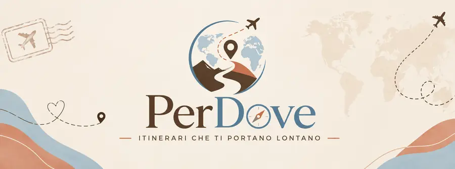 Logo PerDove su uno sfondo illustrato con mappamondo, francobollo e aerei in volo